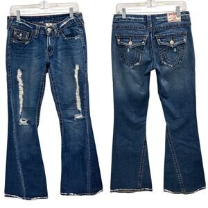 True Religion Joey Distressed Low-Rise Flare Jeans Size 29 Dark Wash Blue Y2K
